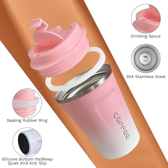 SPLMIFA Travel Coffee Mug Leak-Proof, Reusable Coffee Cups with Lids, Stainless Steel Vacuum Insulated Coffee Tumblers, Thermal Insulation Cup for Men and Women Hot & Cold Drinks(2nd-Pink White, 17OZ)