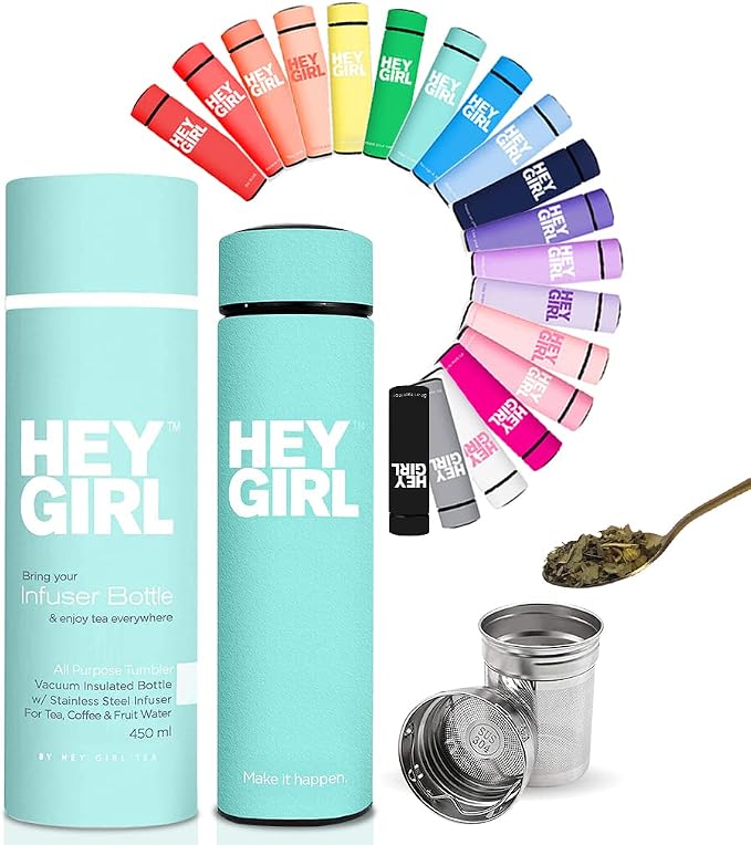 Hey Girl Tea Infuser Bottle 450ml - Insulated Stainless Steel Water Bottle - Tea Tumbler with Tea Diffuser - Portable Travel Mug for Loose Leaf Tea & Infused Water - Tea Lovers Gifts for Women