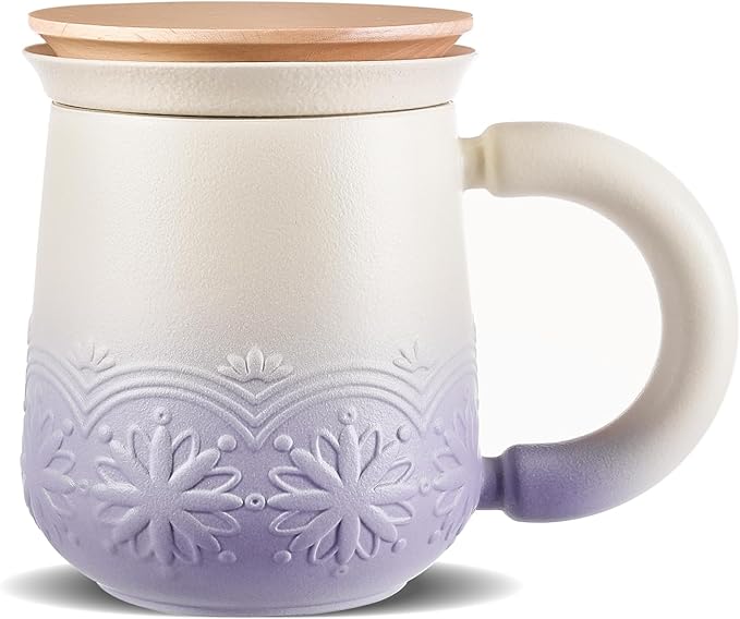 ZENS Tea Mug with Infuser and Lid for Loose Tea Diffusers, 12oz Purple | Embossed Ceramic Tea Cup with Infuser for Herbal Tea Steeper, Tea Lovers Gifts, Japandi Style Sunflower