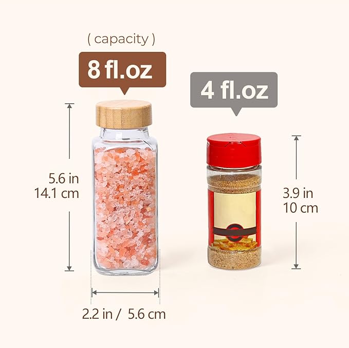 ComSaf Glass Spice Jars with with Labels 8 oz 6 Pack Bamboo Lids | Empty Containers, Seasoning Herb Powder, Salt Pepper Chili, Spice Rack Organization, Kitchen Cabinet Storage, Funnel Included