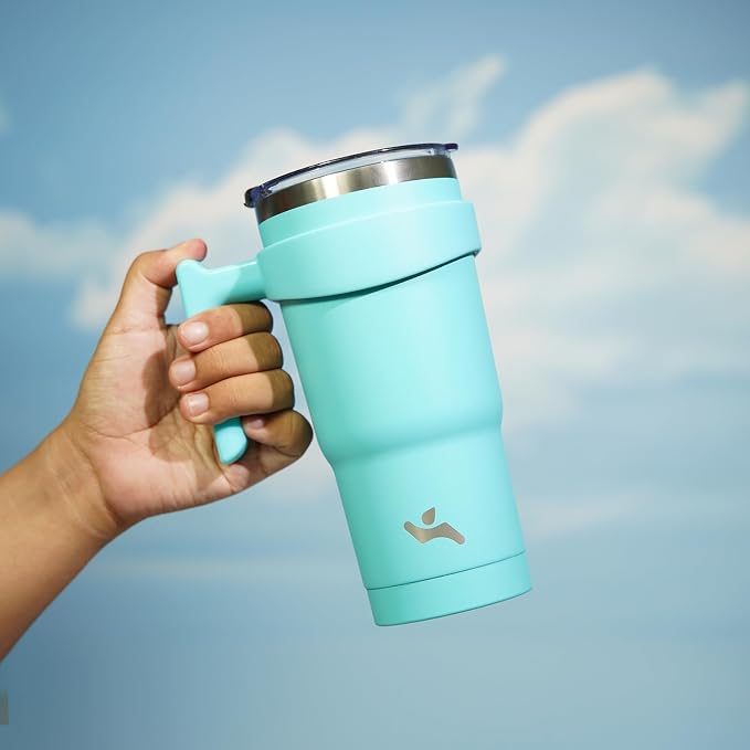 Konokyo 20 oz Tumbler with Handle and Straw, Insulated Travel Mug | Turquoise; BPA-free, leak-proof tumbler with 2 lids, 2 straws, cup holder fit for coffee, office, travel & daily use