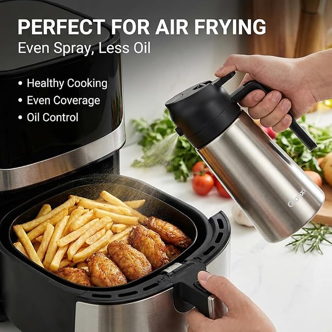 Oil Dispenser Bottle, 2 in 1 Olive Oil Sprayer and Dispenser, 470ml Stainless Steel Oils Bottle Non-stick Ceramic Interior Oils Sprayer for Cooking BBQ Air Fryer Salad Baking