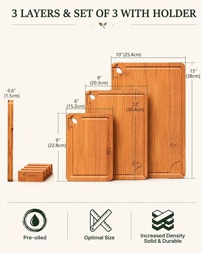 Checkered Cutting Board Set with Holder, Set of 3 Deep Carbonized Bamboo Cutting Boards for Kitchen, Butcher Block Style Chopping Boards for Serving, Charcuterie, Meat, Fruit and Meal Prep