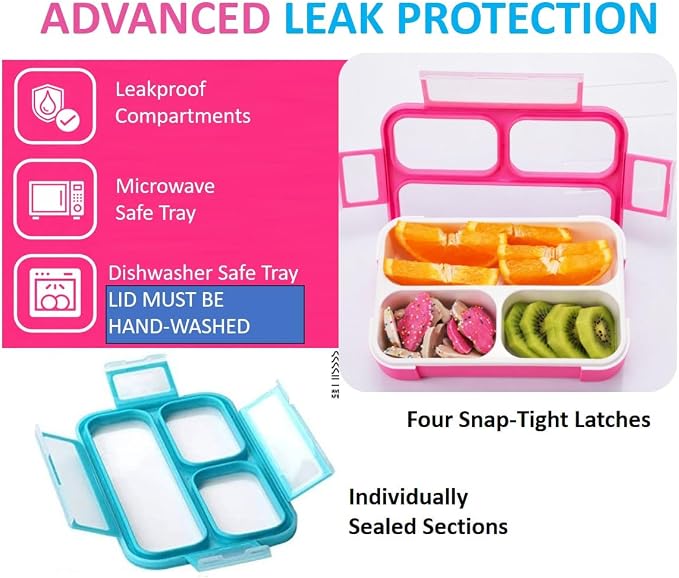 kinsho Small Snack Box Containers for Kids Toddlers, Pink Blue, Set of 2 | 3 Compartments, Leak-Proof, Spill Proof, BPA-Free Reusable Mini Bento Lunch Box for Girl & Boy Daycare School, Holds 2 Cups