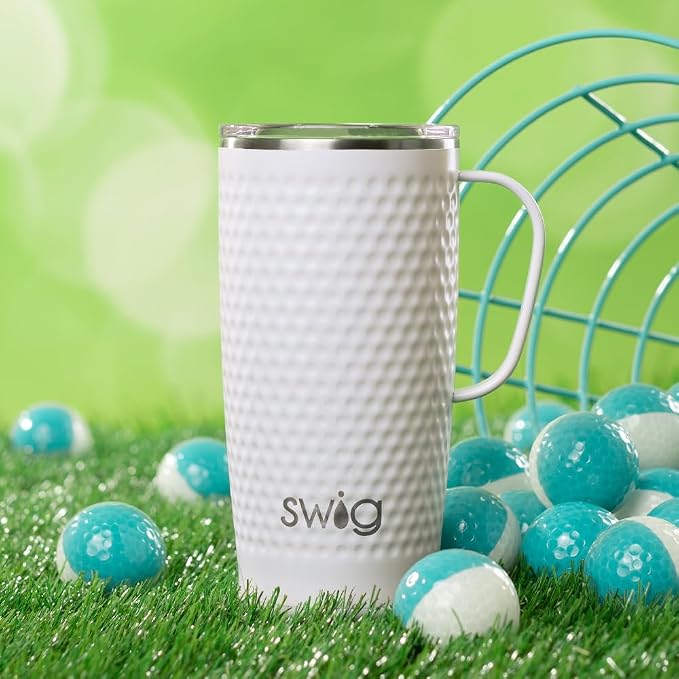 Swig Life 22oz Insulated Travel Mug with Handle & Lid, Golf Ball | Triple Insulated Stainless Steel - Handle & Lid Included - Keeps Coffee Hot or Cold - Cup Holder Friendly