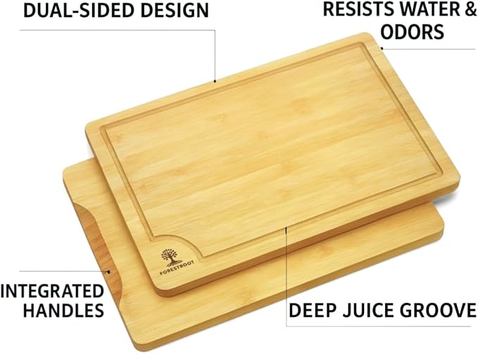 Bamboo Cutting Board for Kitchen, 3-Piece Natural Bamboo Chopping Board with Juice Groove, Built-in Side Handles, Bamboo Butcher Block for Meat, Vegetables, Bread & Fruits