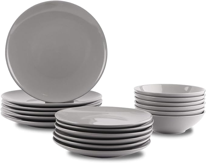 Amazon Basics 18-Piece Stoneware Dinnerware Set, Service for 6, Microwave and Dishwasher Safe, Plates and Bowls for Everyday Use, Smokey Grey