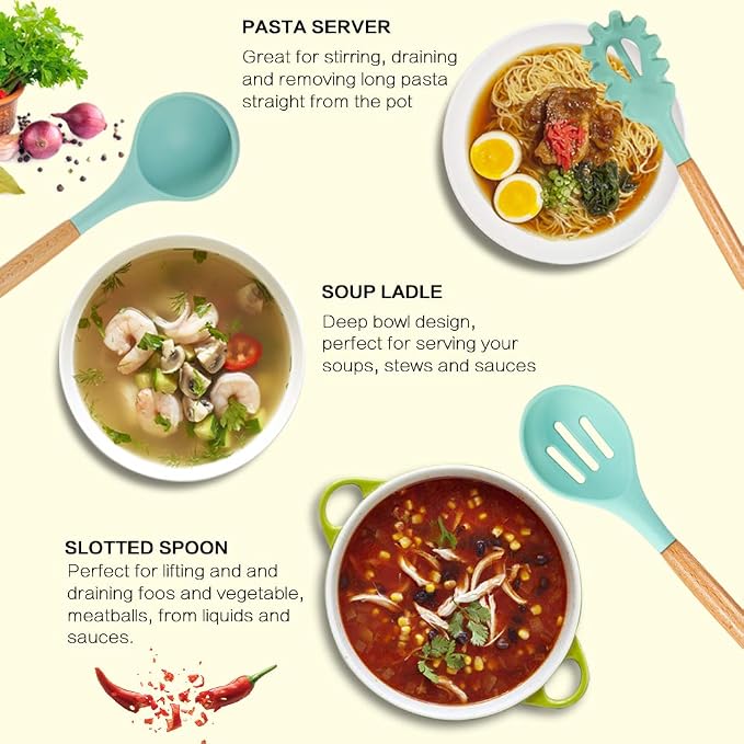 MIBOTE Silicone Cooking Kitchen Utensils Set, Wooden Handle, Teal | BPA-Free, Non-Toxic Silicone Turner, Tongs, Spatula, Spoon Set – Great for Nonstick Cookware, Heat-Resistant, Easy Clean