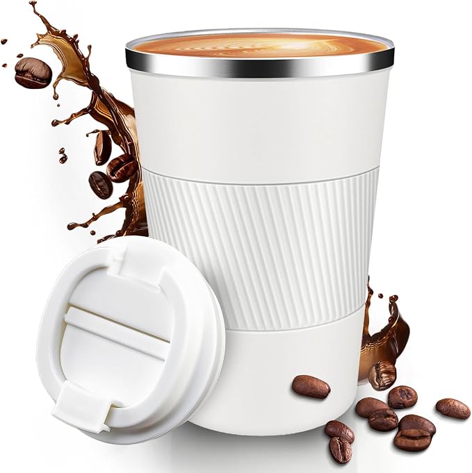 12OZ Travel Coffee Mug Insulated Coffee Cup with Spill Leak Proof Lid, Portable Stainless Steel Tumbler Reusable Hot and Cold Water Mug for Car, Daily, Camping- White