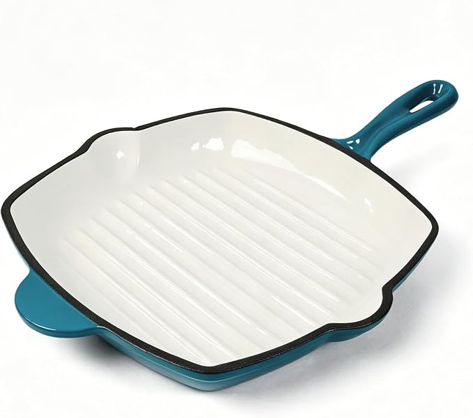 Enameled Cast Iron Steak Grill Pan, Nonstick Square Grilling Pan, Frying Pan (Peacock Blue, 9.5 inch)