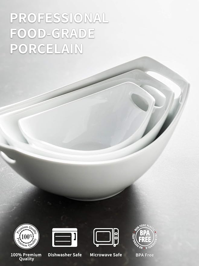 LAUCHUH Serving Bowls with Handles, Porcelain Serving Dishes Nesting Bowls | Mixing Bowls Set Salad Bowls for Entertaining, Thanksgiving, Baby Shower, Party, Set of 3, Microwave Safe, 15/28/49 oz, White