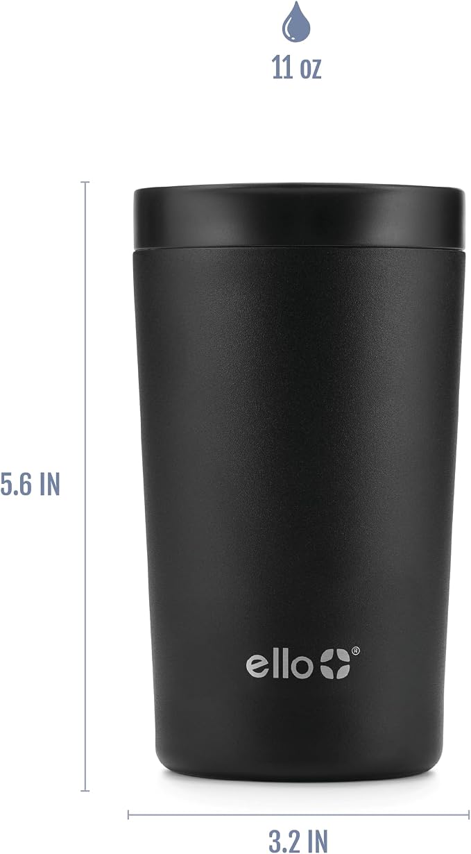 Ello Jones 11oz Insulated Stainless Steel Leakproof Travel Mug, Black | Leakproof coffee cup keeps drinks hot for 3 hours. BPA-free, single-serve size, great for hot drinks, tea, and the office.