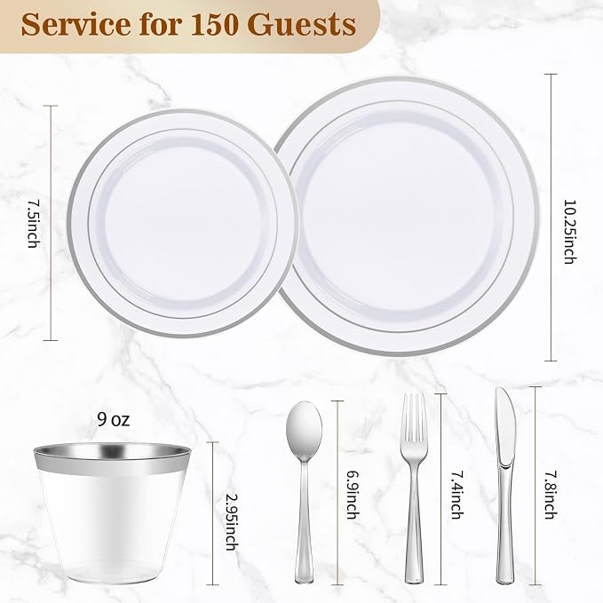 BESTVIP 900PCS Silver Dinnerware Set for 150 Guests, | Plastic Plates for Party, 150 Gold Disposable Plates, 150 Dessert Plates, 150 Cups, 150 Spoons, 150 Forks and 150 Knives