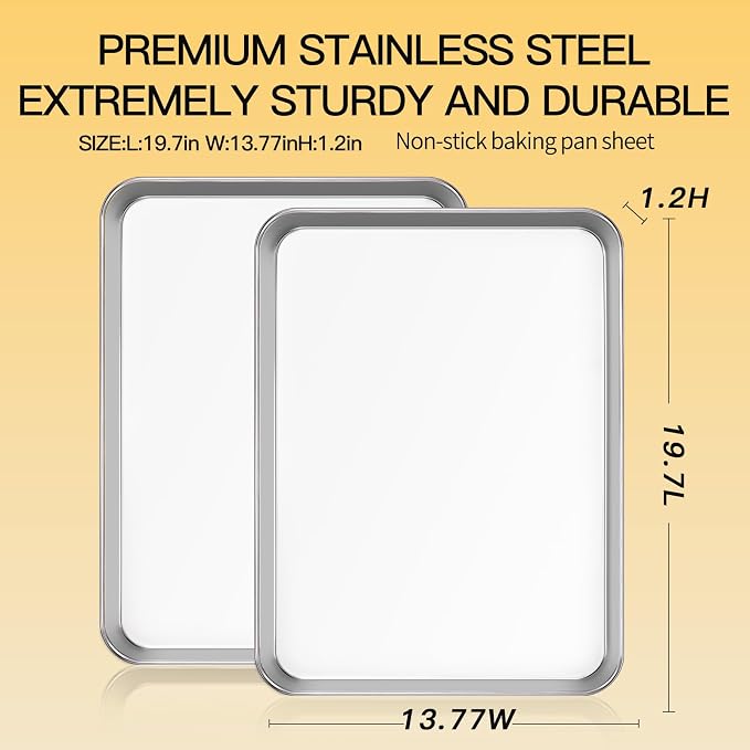 Commercial Quality Baking Sheet Pan Set, Natural Stainless Steel Cookie Sheet, Warp Resistant Nonstick Baker's Half Sheet Pan, Large Thick Cookie Tray Pans for Baking, Roasting(2 Pack, 20X14Inch)