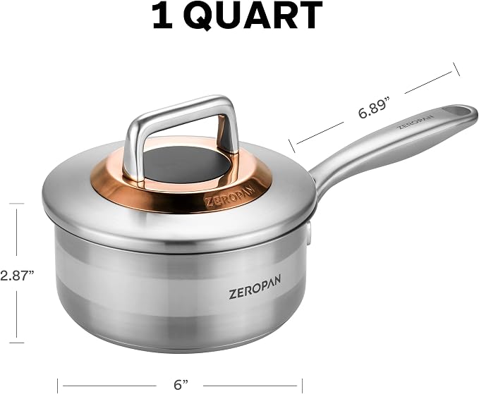 1 Quart Stainless Steel Saucepan with Lid, 6 Inch Hybrid Nonstick Sauce Pan,Small Cooking Pots,PFAS PFOA PTFE Free,Stay-Cool Handle, Dishwasher-Friendly, Oven-Safe,Compatible with All Cooktops