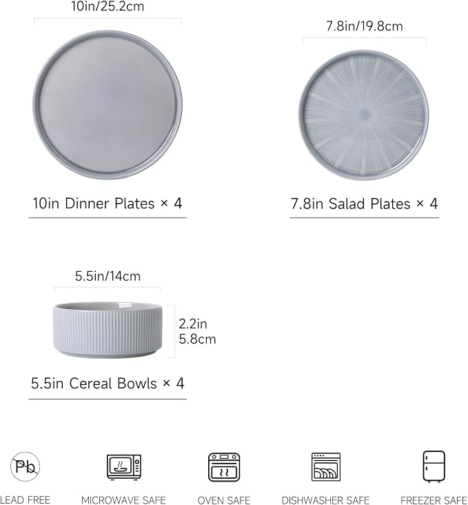 Stoneware Dinnerware Sets for 4, 12-Piece Plates and Bowls Set, Dusty Blue | Advanced Inkjet Printing Ceramic Dishes, Modern Minimalist Tableware, Scratch Resistant, Microwave and Dishwasher Safe