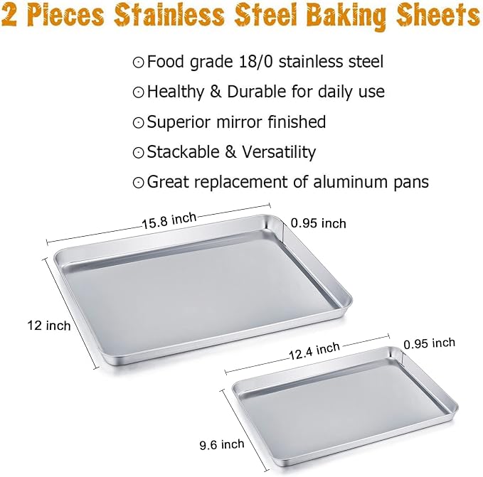 TeamFar Baking Sheet Pan, Cookie Sheet Set of 2, 16" & 12.4" | Stainless Steel Baking Pan Tray Set, Non Toxic & Healthy, Mirror Finish & Rust Resistant, Easy Clean & Dishwasher Safe