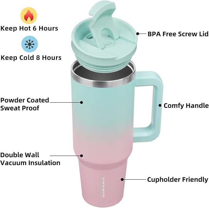 BJPKPK 40 oz Insulated Tumbler with Handle & Straw, Stainless Steel | Double Wall Vacuum Insulation, Leak Proof, BPA Free, Dishwasher Safe, Cupholder Friendly, Travel & Outdoor, Bubble Gum