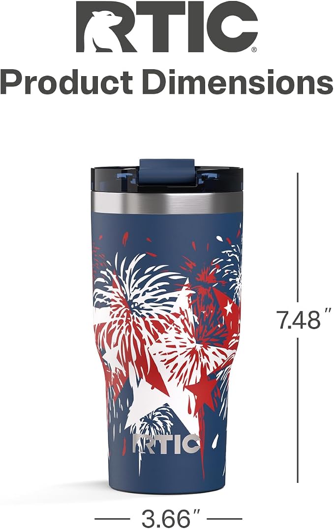 RTIC 20oz Essential Tumbler with Lid, Ceramic Lined, Insulated, Stainless Steel, Metal, Double Wall Vacuum-Insulation, Travel Cup for Iced Coffee, Tea, Hot and Cold Drink, Fireworks