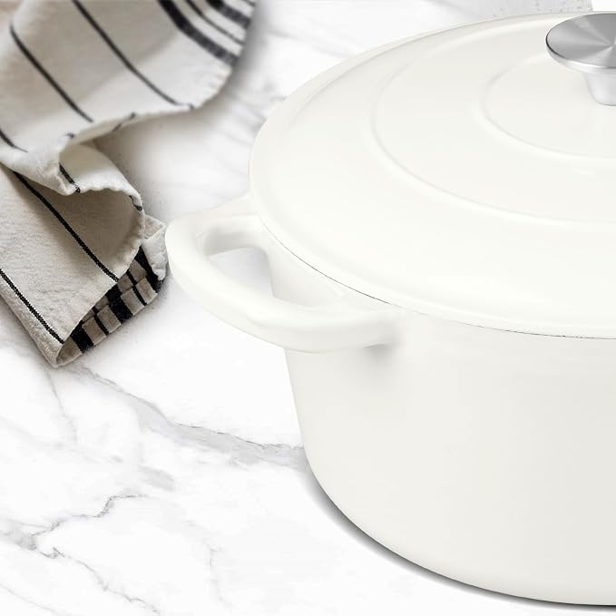 6 Quart Dutch Oven with Lid, Leonyo 6QT Enameled Cast Iron Dutch Oven for Sourdough Bread Baking, Heavy Duty Cookware for Braising, Stews, Roasting, White