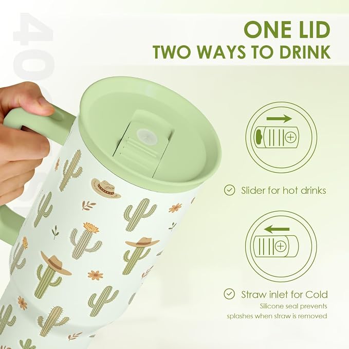 SANDJEST Cactus 40oz Tumbler with Handle and Straw, Insulated Stainless Steel Travel Coffee Mug for Women Girls, Gift Idea for Birthday Christmas Mothers Day