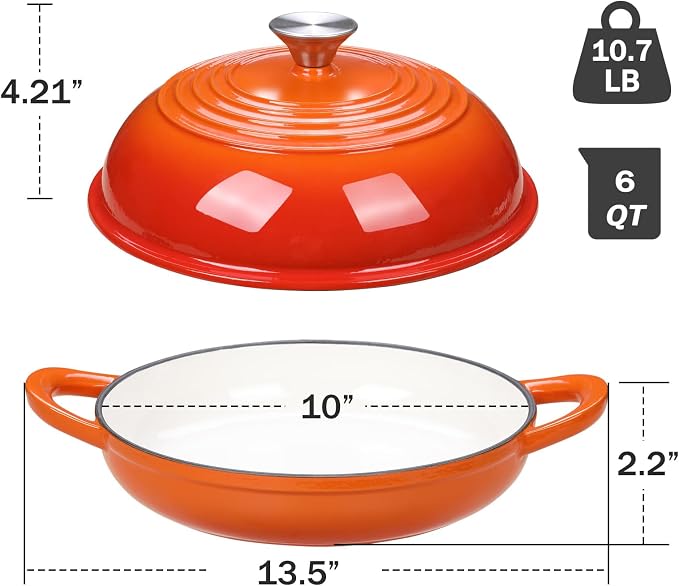 6 QT Enameled Cast Iron Round Bread Oven, Sourdough Dutch Oven | Bread Oven for Homemade Sourdough Bread Baking, Bread Pot with Dome Lid, Gifts for Sourdough Bakers, 500°F Oven Safe, Orange