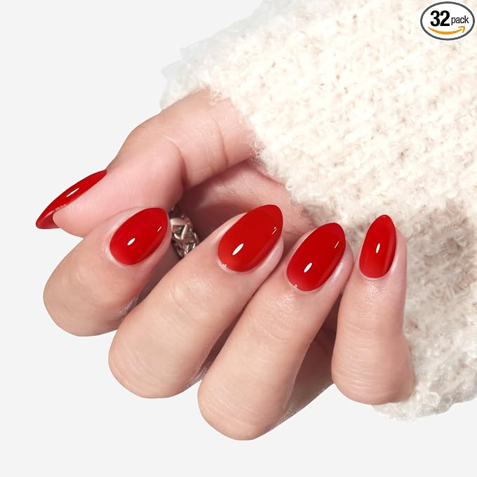 modelones Sheer Red Short Press on Nails, Oval Fake Nails Kit | Semi-Transparent Press Ons with Nail Glue, Adhesive Tabs, Nail File, Prep Pad, Manicure Stick, 32Pcs 16 Sizes, Women Gift