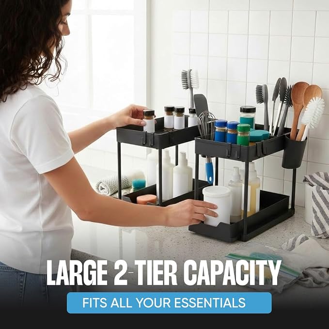 Undersink Organizer, 2-Tier Under Sink Storage Rack with Sliding Drawers for Kitchen Bathroom Cabinets, Pull Out Organizer for Pantry, Laundry Room & Closet Organization - 2 Pack, Black