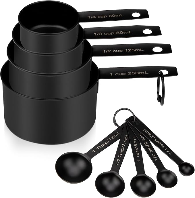 Measuring Cups and Spoons Set of 9, Stainless Steel Measuring cup for Cooking and Baking, Measuring spoons for Dry and Liquid Ingredients (Black)