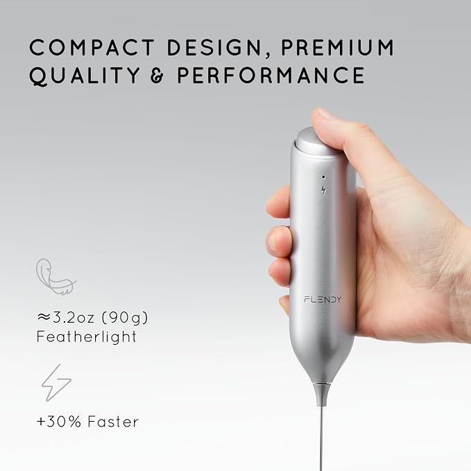 Flendy Rechargeable Milk Frother Handheld with Charging Stand | USB-C Charging Dock, 2 Detachable Double Whisk, Extra Long Mixer Wand, Wall Mount, Top Button, Compact Electric Stirrer