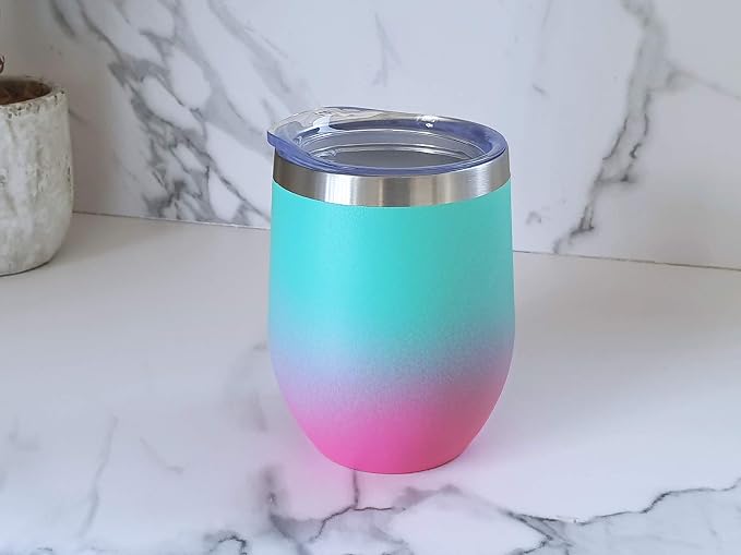 CHILLOUT LIFE 12 oz Stainless Steel Wine Tumbler with Lid - Double Wall Vacuum Insulated Wine Cup Glass Keeping Cold & Hot for Coffee, Champagne, Cocktails, Ice Cream - Powder Coated Aqua Blue/Pink