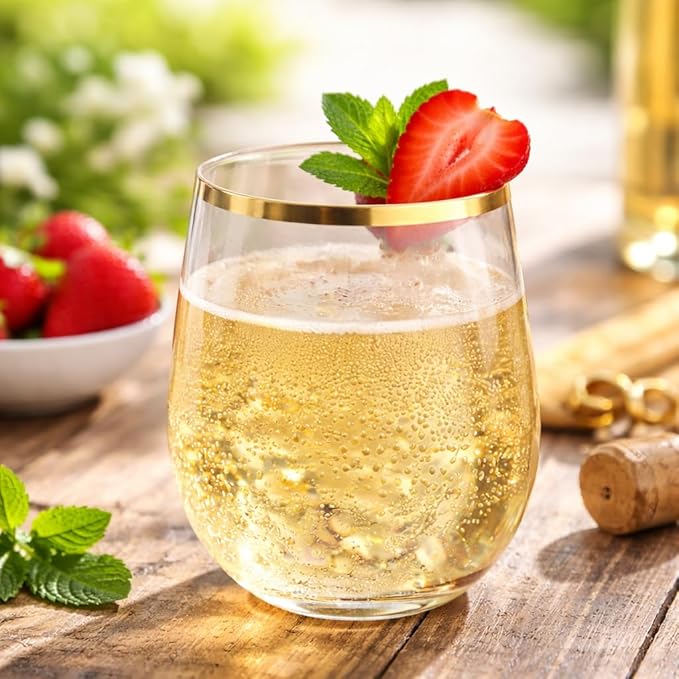 Oojami 48 Pack Disposable Plastic Wine Glasses Stemless 10 oz Gold Rim | Shatterproof BPA-Free Reusable Cocktail Cups, Recyclable Unbreakable Wine Cups for Wedding Party Birthday, Clear