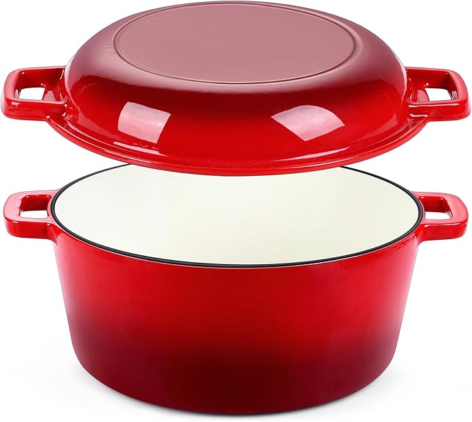 P&P CHEF 2 In 1 Red Dutch Oven Pot with Lid for Bread Baking, 5Qt | Cast Iron Bread Dutch Oven, Skillet & Pot for Roasting Braising Stewing Frying Simmering, Multi Stoves & Oven Safe