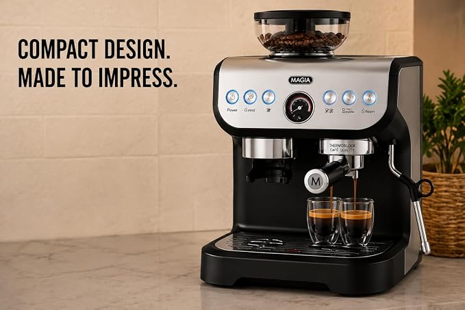 Zulay Kitchen Magia Manual Espresso Machine with Built-In Grinder & Steam Wand – 15 Bar Pressure Espresso Maker, 2L Removable Water Tank, Milk Frother, Complete Home Barista Set, Black & Silver
