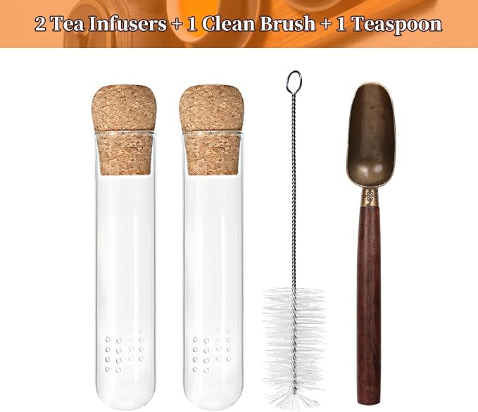 2 PCS Glass Loose Tea Infuser with Cork Lid Spoon Brush | Fine round filter holes, leaf-proof, reusable glass infuser, cork lid, tea spoon, cleaning brush, easy clean