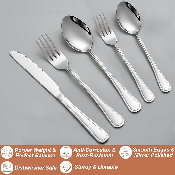 20 Pcs Silverware Set for 4, Food Grade Stainless Steel Flatware Set, Eating Utensils Sets Include Fork/Knife/Spoon, Reusable Cutlery Set for Home Kitchen, Dishwasher Safe, Double-stripe