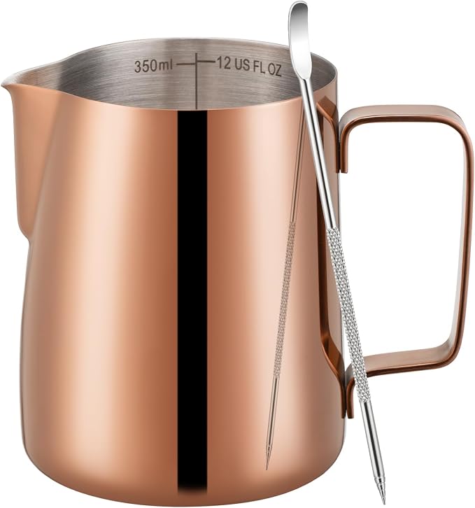 Amrules Milk Frothing Pitcher, 12 oz Milk Frother Cup with Clear Scale, 304 Stainless Steel Cappuccino Espresso Machine Accessories for Barista Coffee Bar with Latte Art Pen, Rose Gold