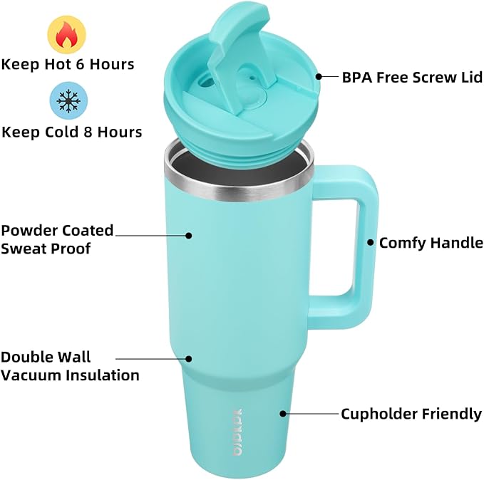 BJPKPK 40 oz Insulated Tumbler with Handle & Straw, Stainless Steel | Double Wall Vacuum Insulation, Leak Proof, BPA Free, Dishwasher Safe, Cupholder Friendly, Travel & Outdoor, Turquoise