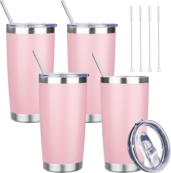20 oz Tumbler with Lids and Straws, Stainless Steel Insulated Travel Coffee Mug, Double Wall Vacuum Insulated Tumblers, Powder Coated Coffee Tumbler for Cold & Hot Drinks (Pink, 4 Pack)