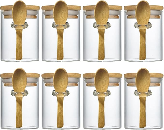 7.6 oz Airtight MiniGlass Jars Set of 8 with Bamboo Lids and Spoons | Spice Jars Small Food Storage Containers for Kitchen, Bathroom, Home Decor. One Can, One Bamboo Spoon, Reuse, Clean and Tidy