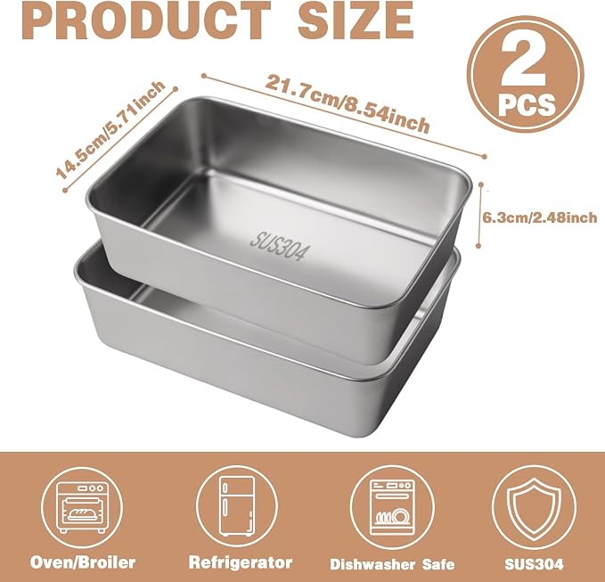 2 Pack Stainless Steel Bread Loaf Pan, 8.5" x 5.7" Rectangle Baking Tin, Sourdough & Banana Bread Pans for Homemade Cake, Dishwasher Safe