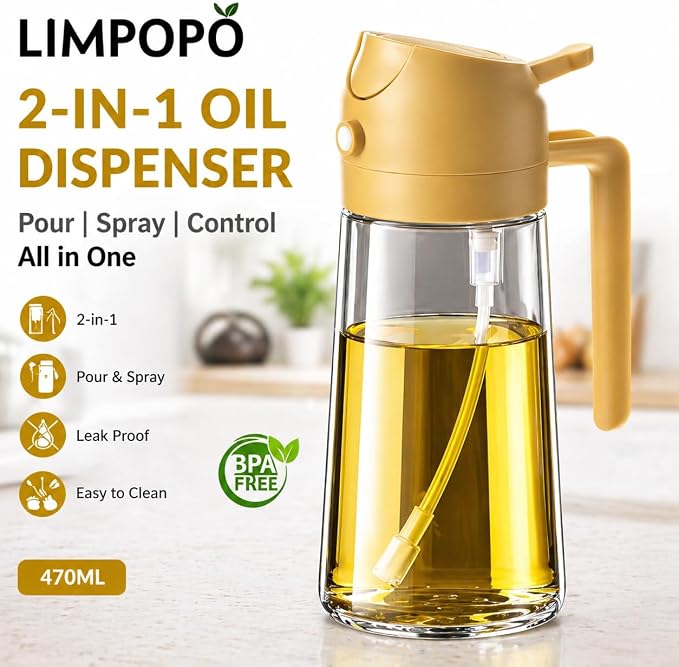 LIMPOPO Oil Sprayer for Cooking 16oz/470ml, Glass Olive Oil Dispenser Bottle, 2-in-1 Spray Mist & Stream Container for Air Fryer, Salad, BBQ, Baking & Grilling (Orange)