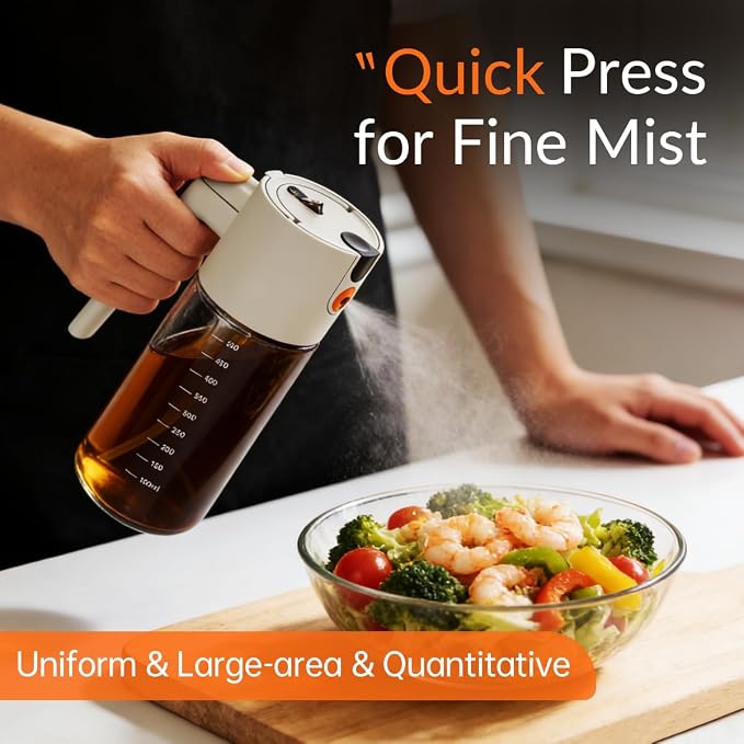 2 in 1 Oil Sprayer & Dispenser for Cooking, 500ml Light-Blocking Glass Olive Oil Bottle with Gravity Sensing Cap, Ergonomic Push-Button Design for Air Fryer, BBQ, Salad