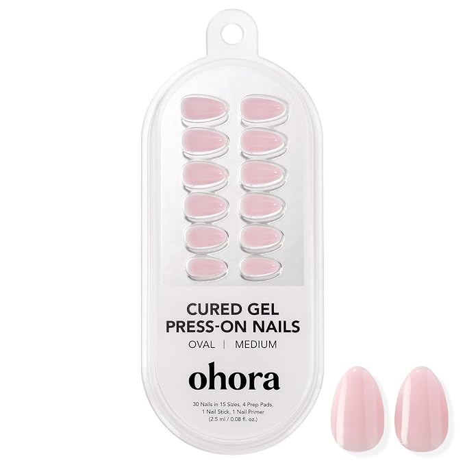 ohora Gel Press On Nails | Pink, Ombre, Medium Oval | Blush Pink | Salon-Quality, 100% Real Gel, No UV Lamp, No Glue, Non-Toxic | 15 Sizes, 30 Tips | Long Lasting press ons, K beauty nails