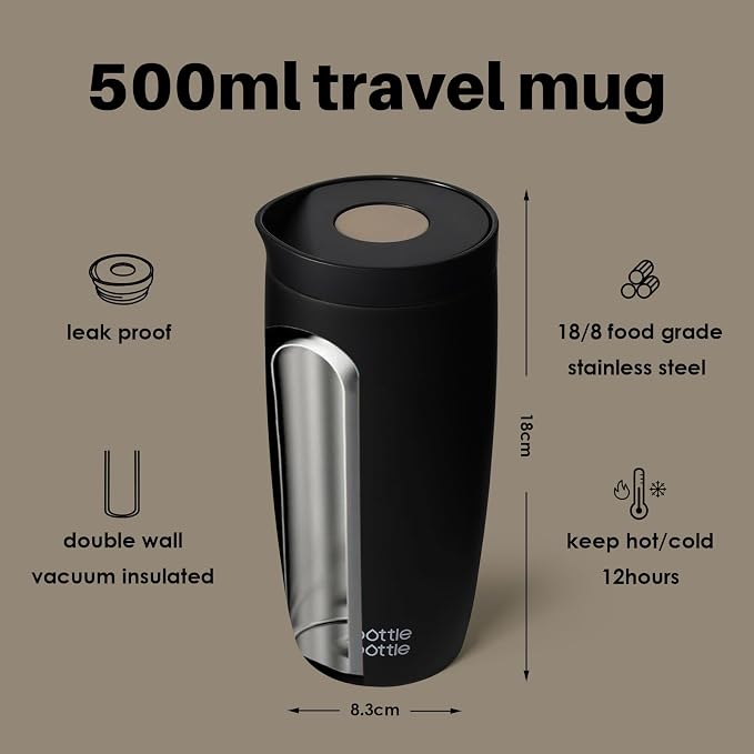 BOTTLE BOTTLE Insulated Coffee Tumbler with Push Button Lid 16oz(Black) | Leakproof,Stainless Steel Travel Mug,Keeps Drinks Hot & Cold for 6 Hours,for Office & On the Go