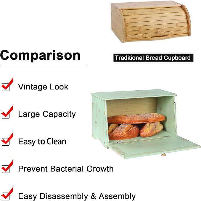 HOMEKOKO Large Wood Bread Box for Kitchen Counter, Retro Design Single Layer Bamboo Large Capacity Food Storage Bin (Mint Green)
