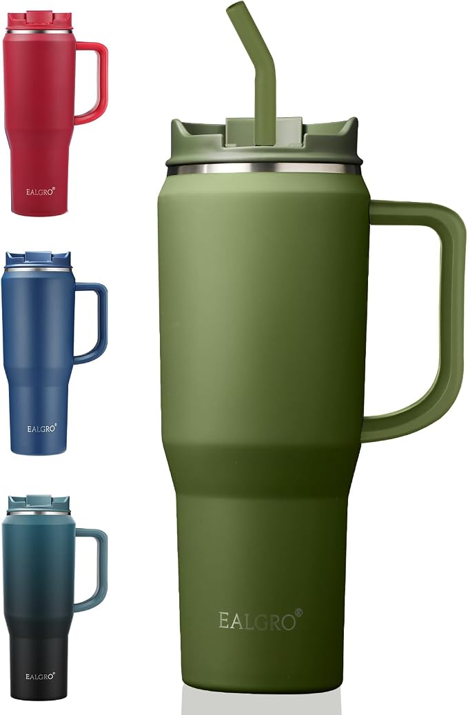 EALGRO 40 oz Tumbler with Handle, Insulated Tumblers with Lid and Straw | Leakproof Large Metal Sports Water Bottle Jug, Stainless Steel Travel Coffee Mug, Double Wall Vacuum Thermal Cup, ArmyGreen