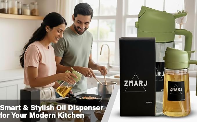 Oil Sprayer for Cooking and Pourer Olive Oil Dispenser For kitchen-Spray Bottle with Fine Mist Oil Sprayer & Controlled Pour Spout For Frying,Salads,BBQ 16oz/470ml Glass Bottle(Green)