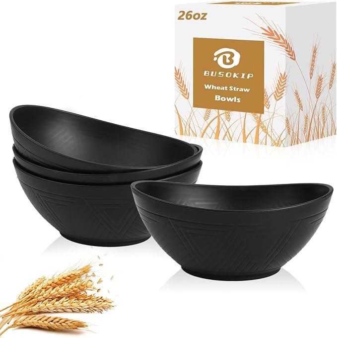 Plastic Bowls 26 OZ, Unbreakable Wheat Straw Bowl 4 PCS, Microwave and Dishwasher Safe Oval Bowls for Serving, Dinner, Lightweight Kitchen Bowl for Soup, Cereal, Fruit - Black