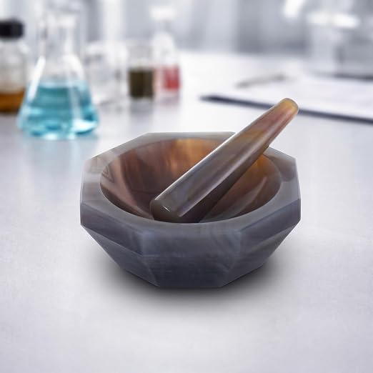 Agate Mortar and Pestle Set - Polished Brazilian Agate Grinder for Lab Grinding, Internal Diameter 70 mm, Depth 21 mm, Hardness 7-7.2